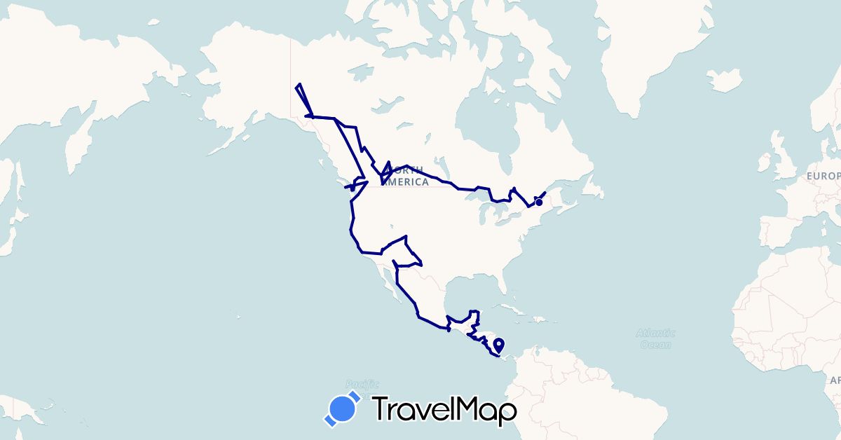 TravelMap itinerary: driving in Belize, Canada, Costa Rica, Guatemala, Honduras, Mexico, Nicaragua, Panama, El Salvador, United States (North America)